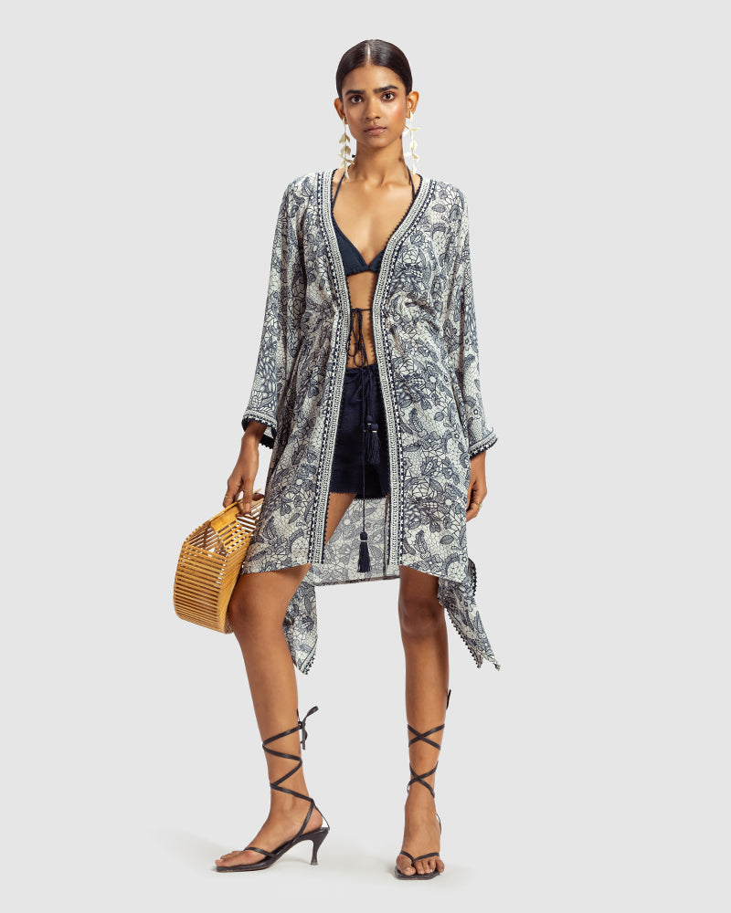 Lace Print Silk Georgette KaftanProduct DescriptionMade from silk georgette, this luxurious kaftan is enveloped in vintage French lace-inspired print. Comes in a relaxed fit, and features an open fShrugsLace Print Silk Georgette Kaftan