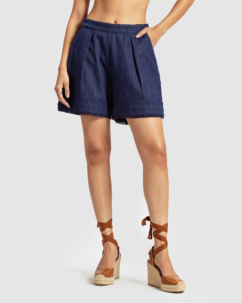 Embroidered Handwoven Denim Short