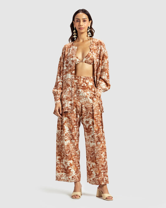 Brown Tropical Print Silk Pleated PantProduct DescriptionMade from silk satin, these high-waisted pleated pants feature our statement tropical print that reimagines Indian flora and fauna motifs with conPantsBrown Tropical Print Silk Pleated Pant