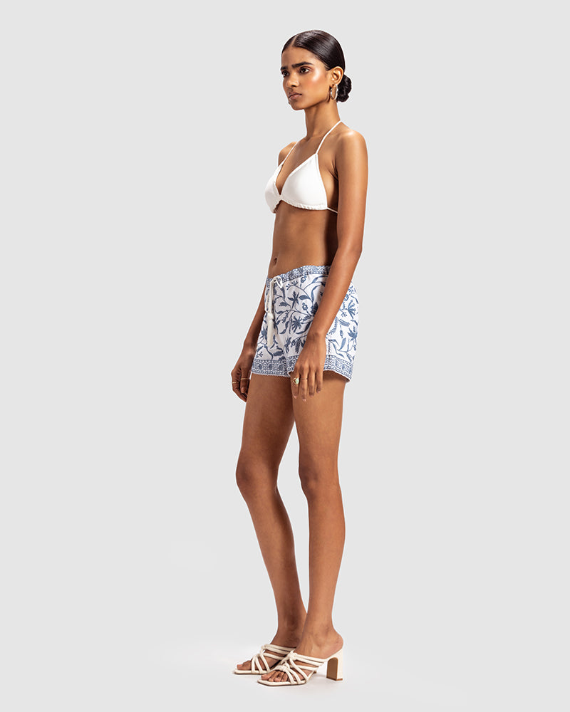 Blue on White Drawstring Linen Blend Embroidered Short