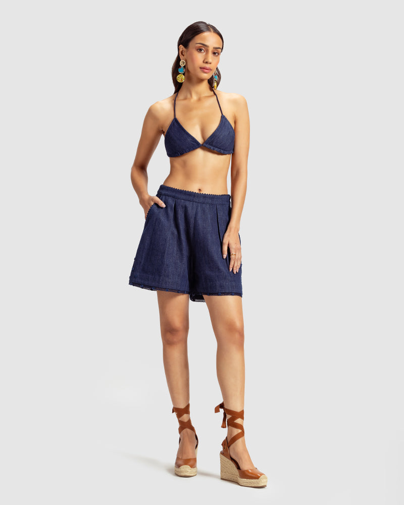 Embroidered Handwoven Denim Short
