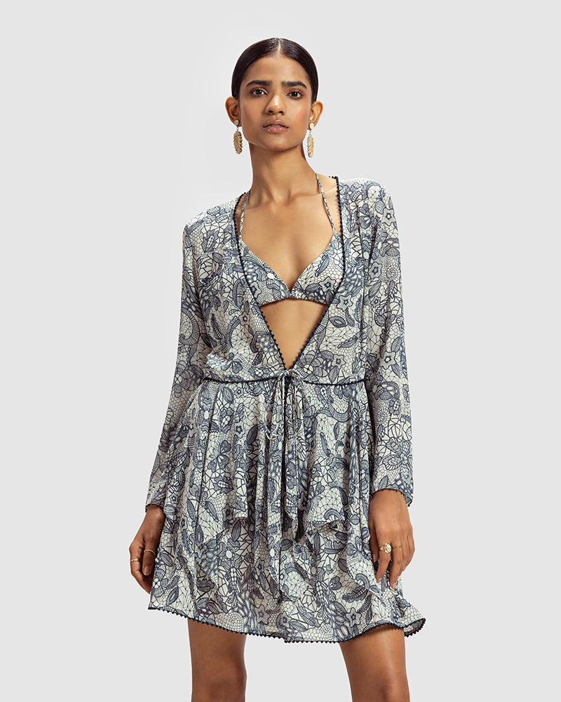 Lace Print Silk Georgette TopProduct DescriptionInspired by vintage French laces and Mughal jaali work, this silk georgette top is adorned with delicate lace print. Details include a front tie wTopsLace Print Silk Georgette Top