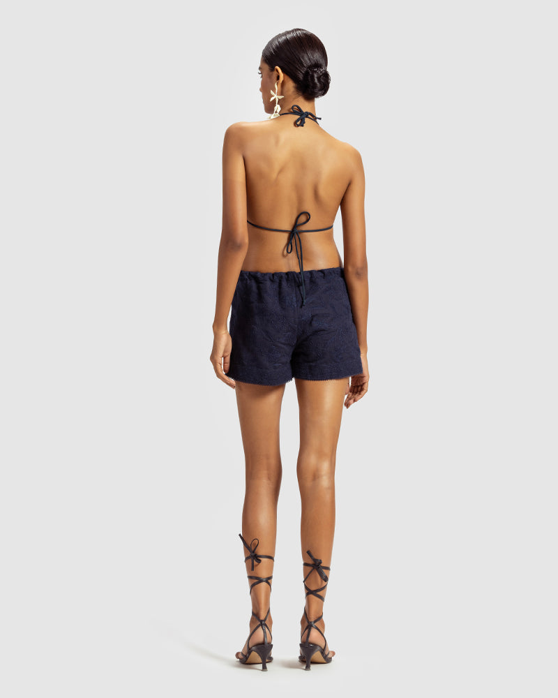 Navy Drawstring Linen Blend Embroidered Short