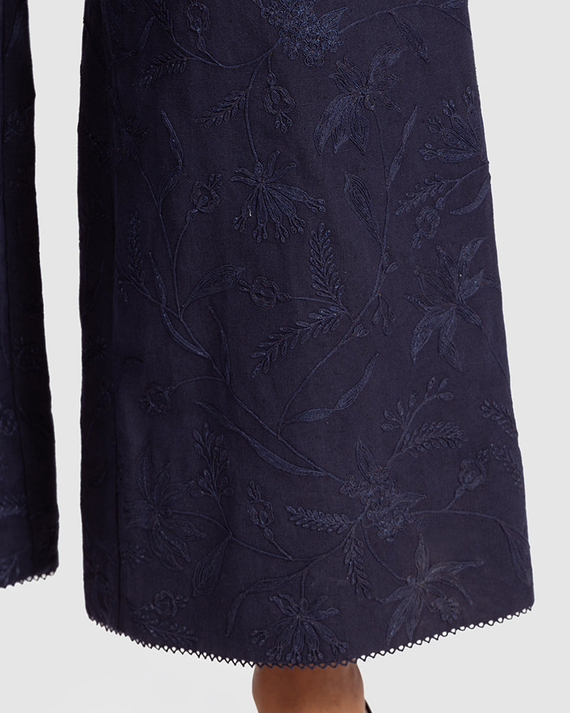 Navy Linen Palazzo Pant With Dori EmbroideryProduct DescriptionOur flared linen palazzo includes Dori embroidery all over and a delicate touch of lace at the hem. It also features a hook-and-eye zipper closurePantsNavy Linen Palazzo Pant