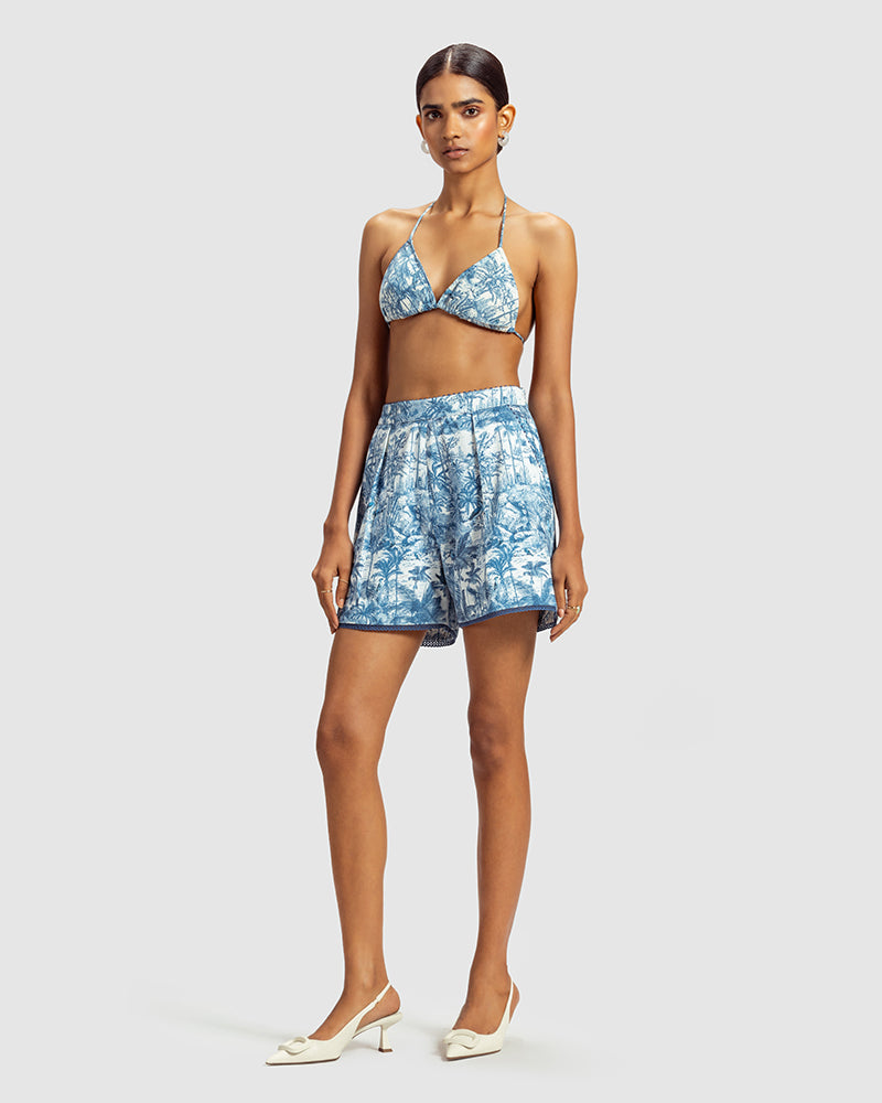 Blue Tropical Print Cotton Twill Short