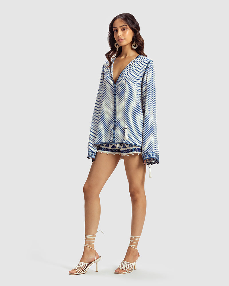 Tara Print Silk Crepe Mayra TopProduct DescriptionA reflection of the modern bohemian style, this silk crepe top features our exquisite blue print inspired by folk geometric patterns. Comes in a rTopsTara Print Silk Crepe Mayra Top