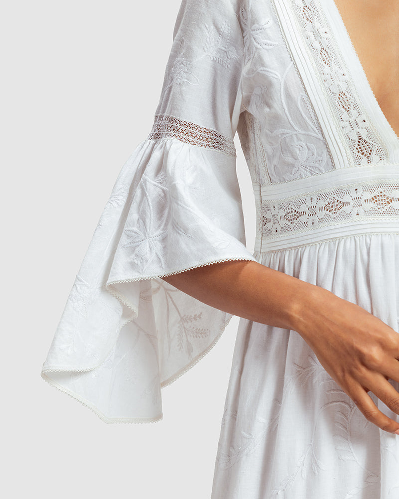 White Lace Trimmed Embroidered Linen Blend Maxi DressProduct DescriptionThis breezy linen blend dress features a mix of lace inserts and white-on-white embroidery inspired by Indian floral and fauna motifs. Also includDressesWhite Lace Trimmed Embroidered Linen Blend Maxi Dress