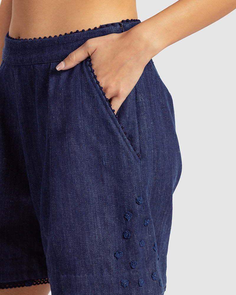 Embroidered Handwoven Denim Short