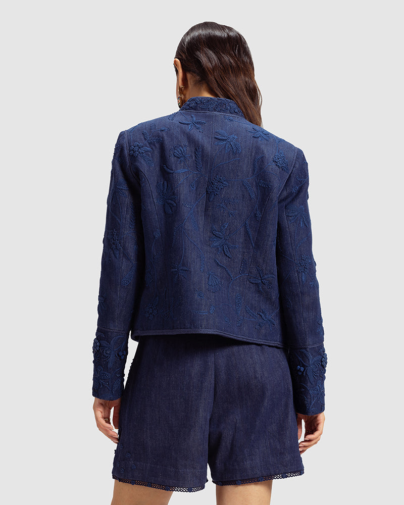 Embellished Handwoven Denim Jacket
Product DescriptionThis fitted, cropped denim jacket is adorned with floral hand embroidery and beading inspired by centuries-old folk miniature paintings. The jackJacketsEmbellished Handwoven Denim Jacket