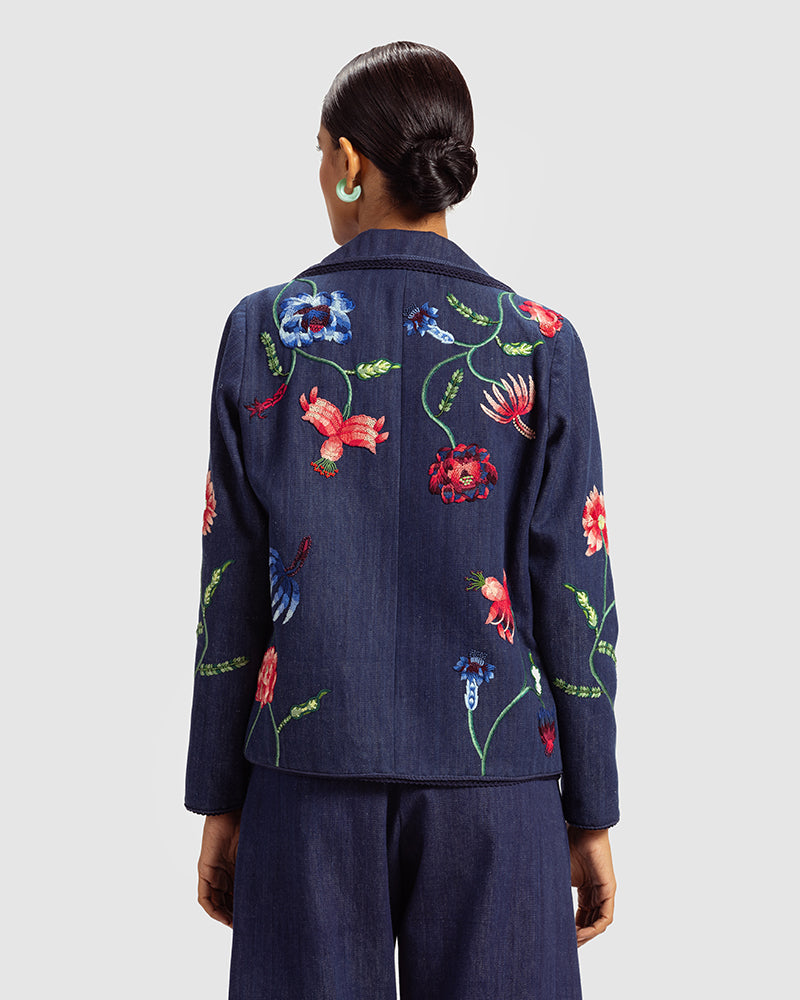 Fiori Embroidered Handwoven Denim JacketProduct DescriptionThis handwoven denim jacket is adorned with exquisite floral motifs inspired by centuries-old folk miniature paintings and crafted using hand needJacketsFiori Embroidered Handwoven Denim Jacket