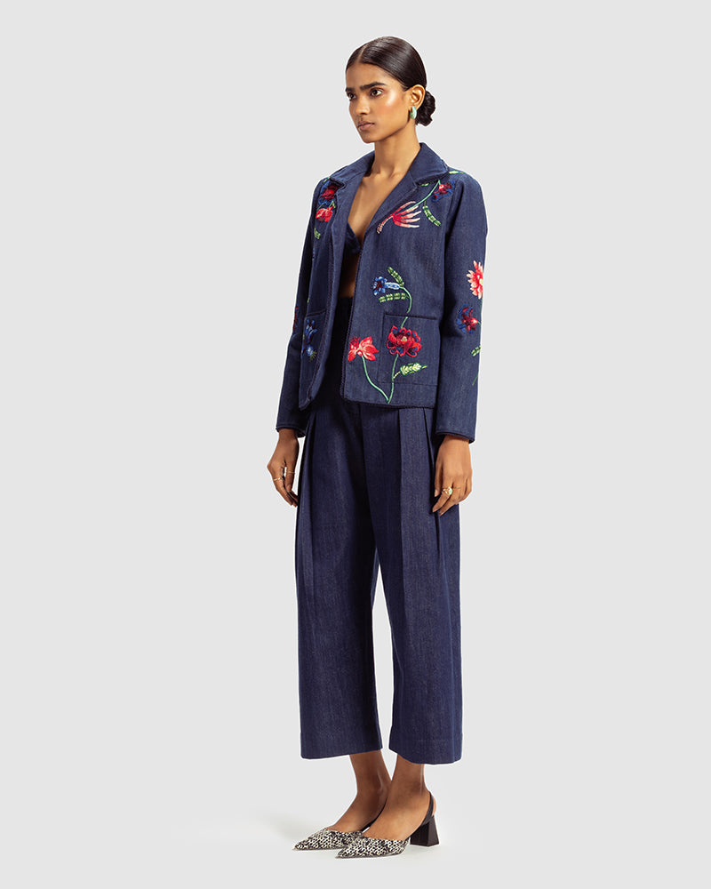 Fiori Embroidered Handwoven Denim JacketProduct DescriptionThis handwoven denim jacket is adorned with exquisite floral motifs inspired by centuries-old folk miniature paintings and crafted using hand needJacketsFiori Embroidered Handwoven Denim Jacket