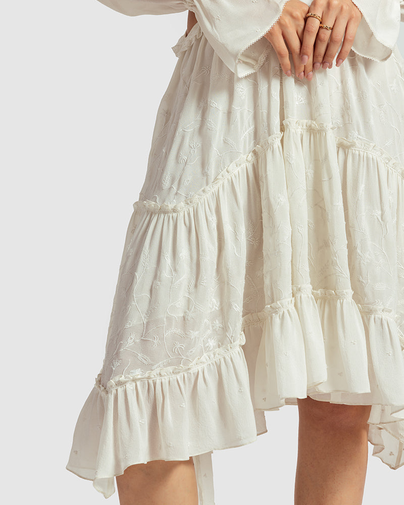 White Embroidered Cutout Silk Georgette DressProduct DescriptionOur silk georgette dress features a prominent cut-out waist, a ruffled neckline, and hand-guided machine embroidery inspired by floral motifs. DetDressesWhite Embroidered Cutout Silk Georgette Dress