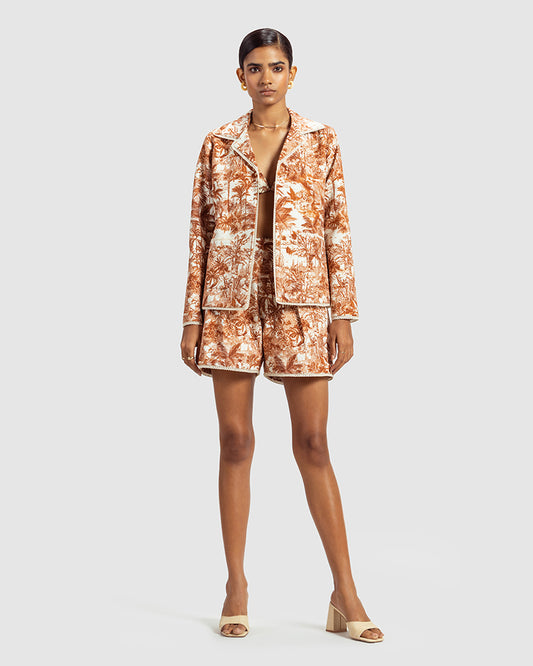 Brown Tropical Print Cotton Twill Short