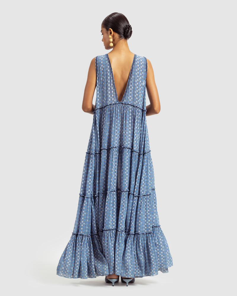 Geo Print Silk Georgette Maxi DressProduct DescriptionWith print patchwork inspired by folk geometric patterns, this panelled maxi dress is how we’ve reimagined Talitha’s signature bohemian language. DressesGeo Print Silk Georgette Maxi Dress