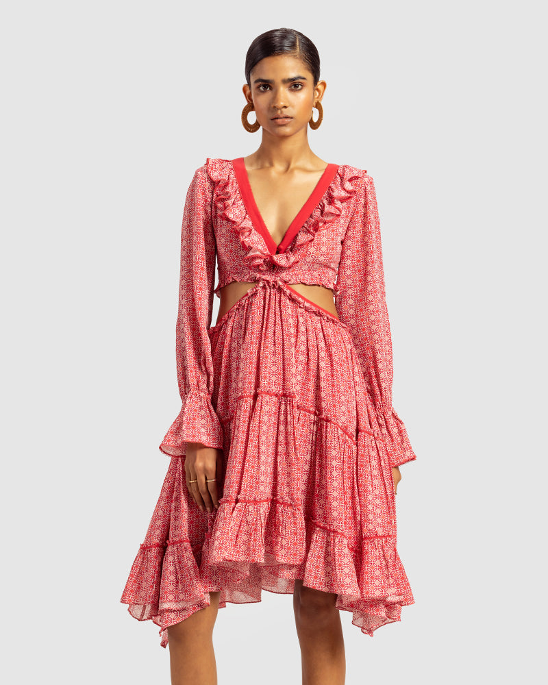 Coral Geo Print Embroidered Cutout Silk Georgette DressProduct DescriptionOur silk georgette dress makes a statement with its modern geometric motifs and a prominent cut-out waist. Details include a ruffled neckline, a cDressesCoral Geo Print Embroidered Cutout Silk Georgette Dress