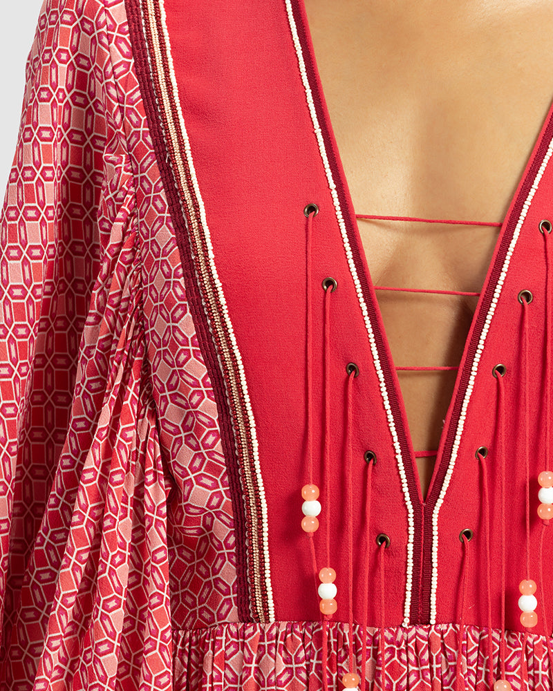 Coral Geo Print Gathered Silk DressProduct DescriptionWith print patchwork inspired by folk geometric patterns, this gathered dress is how we’ve reimagined Talitha’s signature bohemian language. Made DressesCoral Geo Print Gathered Silk Dress