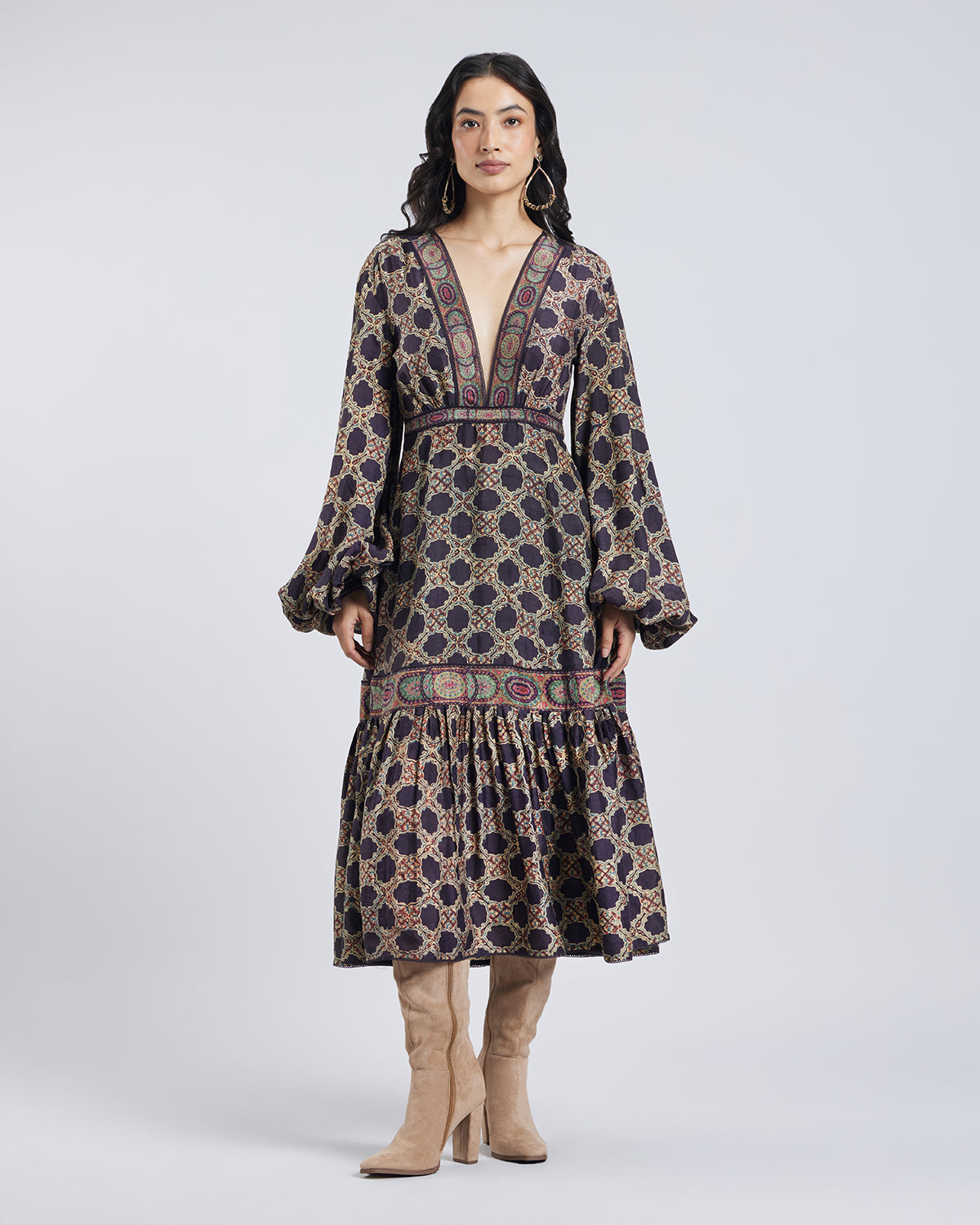Ajrakh Print Gathered Silk Dress