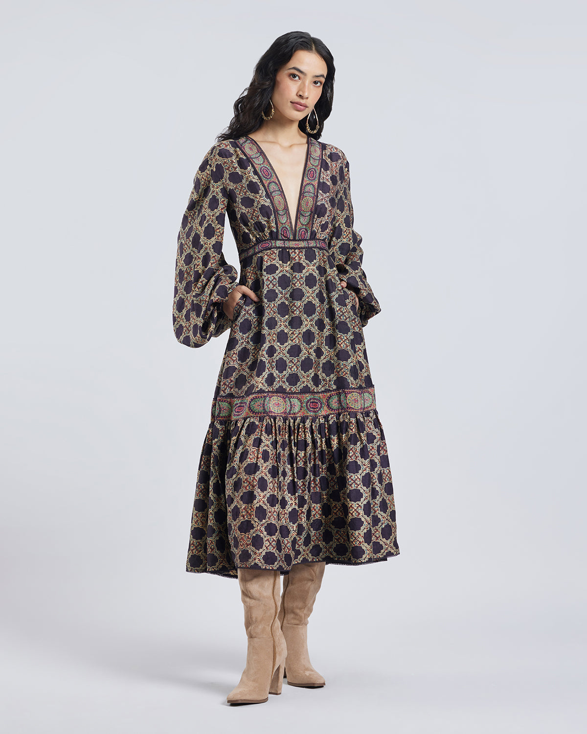 Ajrakh Print Gathered Silk Dress