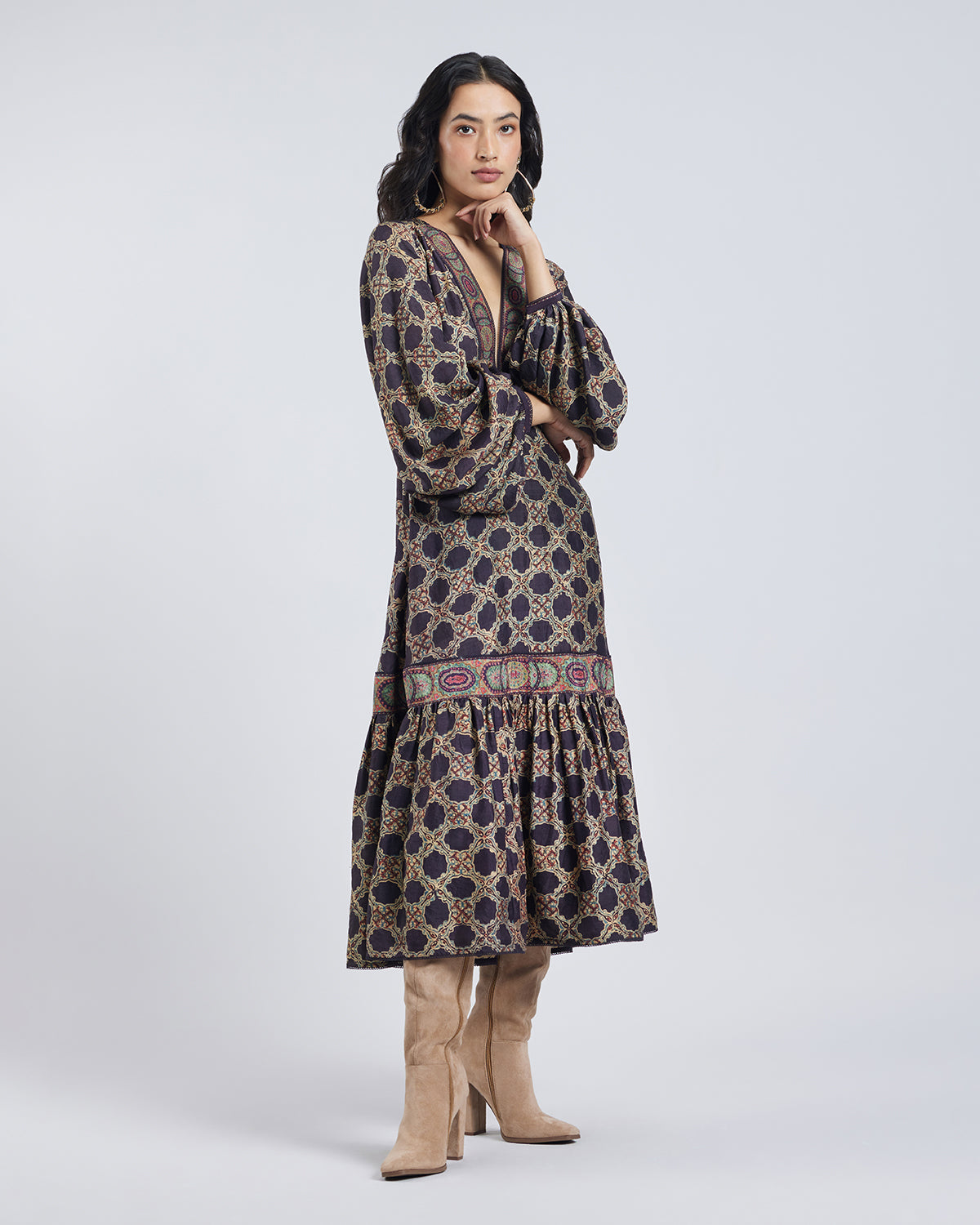 Ajrakh Print Gathered Silk Dress