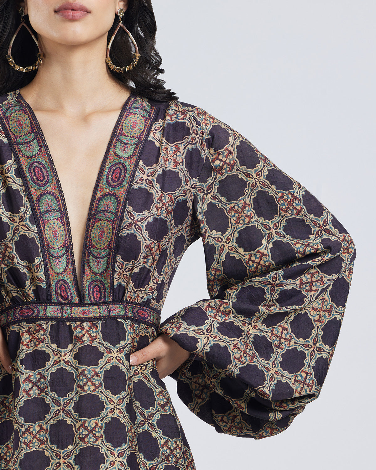 Ajrakh Print Gathered Silk Dress