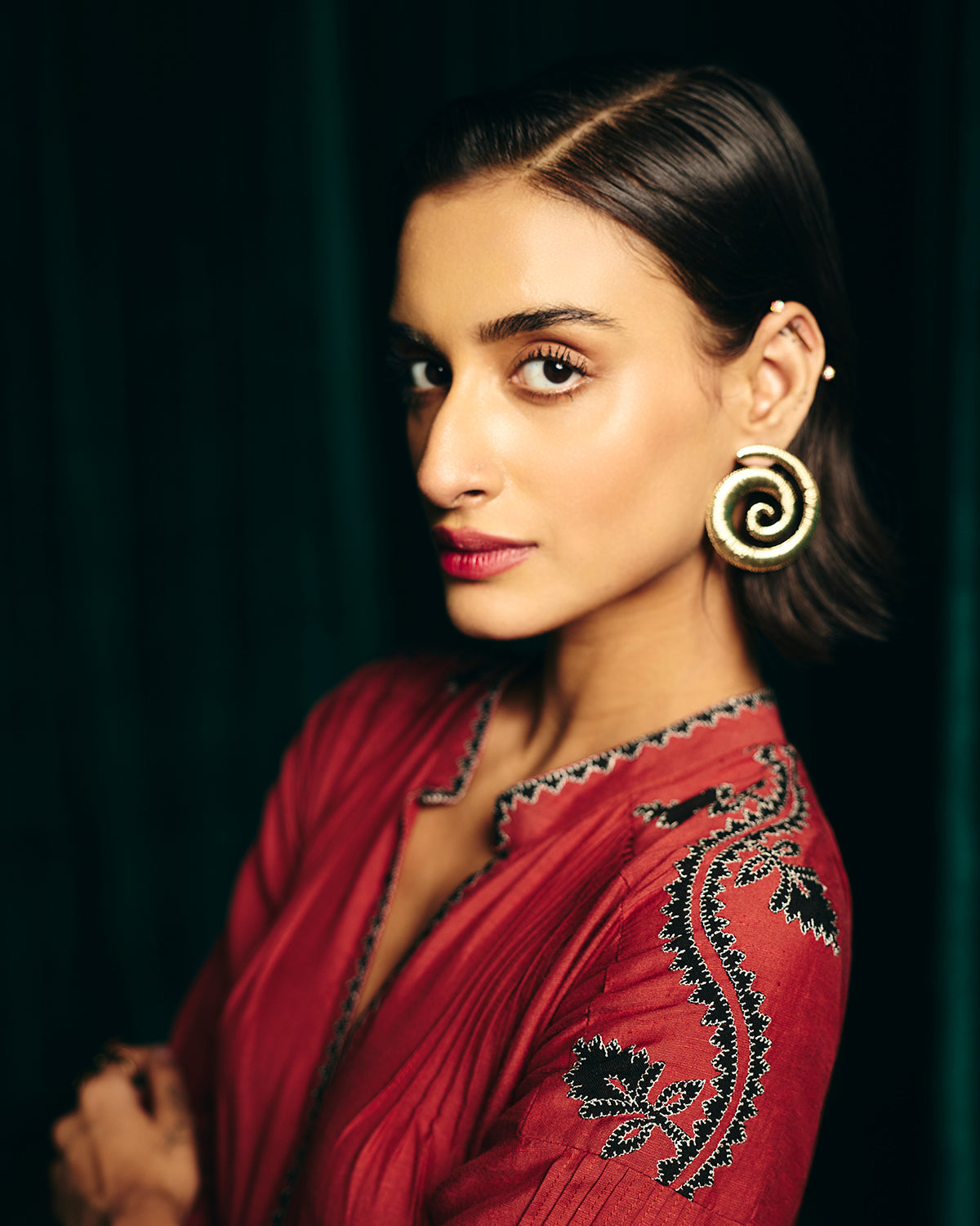 Valentina Red Embroidered Pintuck Dress