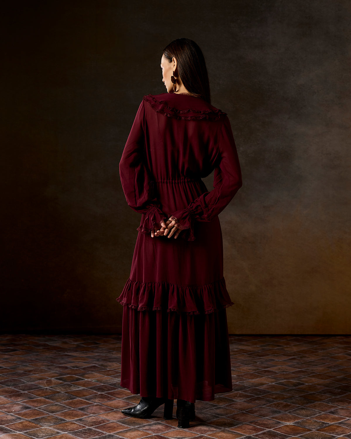 Maisie Wine Ruffle Dress