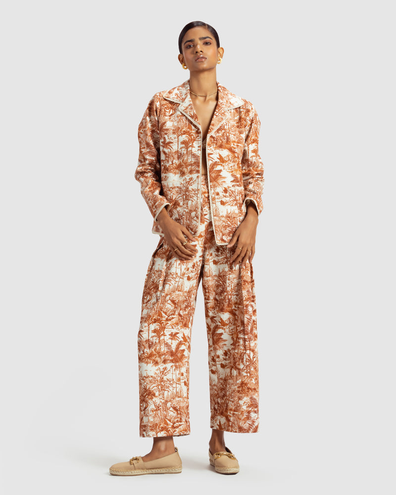 Brown  Tropical Print Cotton Twill Day JacketProduct DescriptionThis awe-inspiring jacket makes a statement with our tropical print that reimagines Indian flora and fauna motifs with contemporary blue colourwayJacketsBrown Tropical Print Cotton Twill Day Jacket