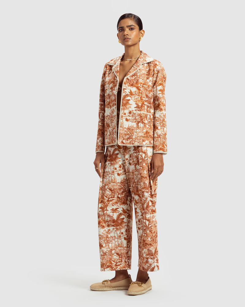 Brown  Tropical Print Cotton Twill Day JacketProduct DescriptionThis awe-inspiring jacket makes a statement with our tropical print that reimagines Indian flora and fauna motifs with contemporary blue colourwayJacketsBrown Tropical Print Cotton Twill Day Jacket