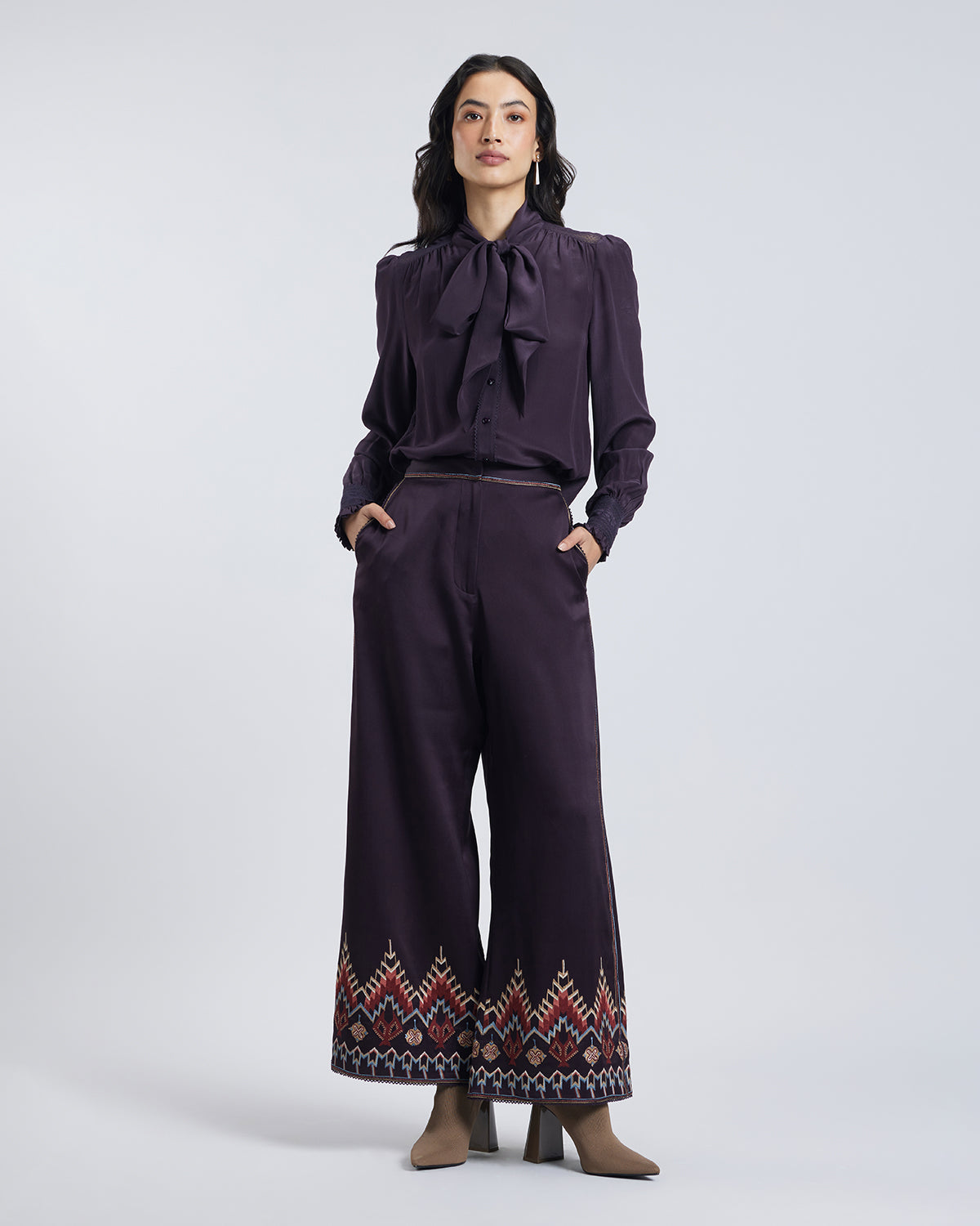 Folk Embroidered Silk Satin Pant