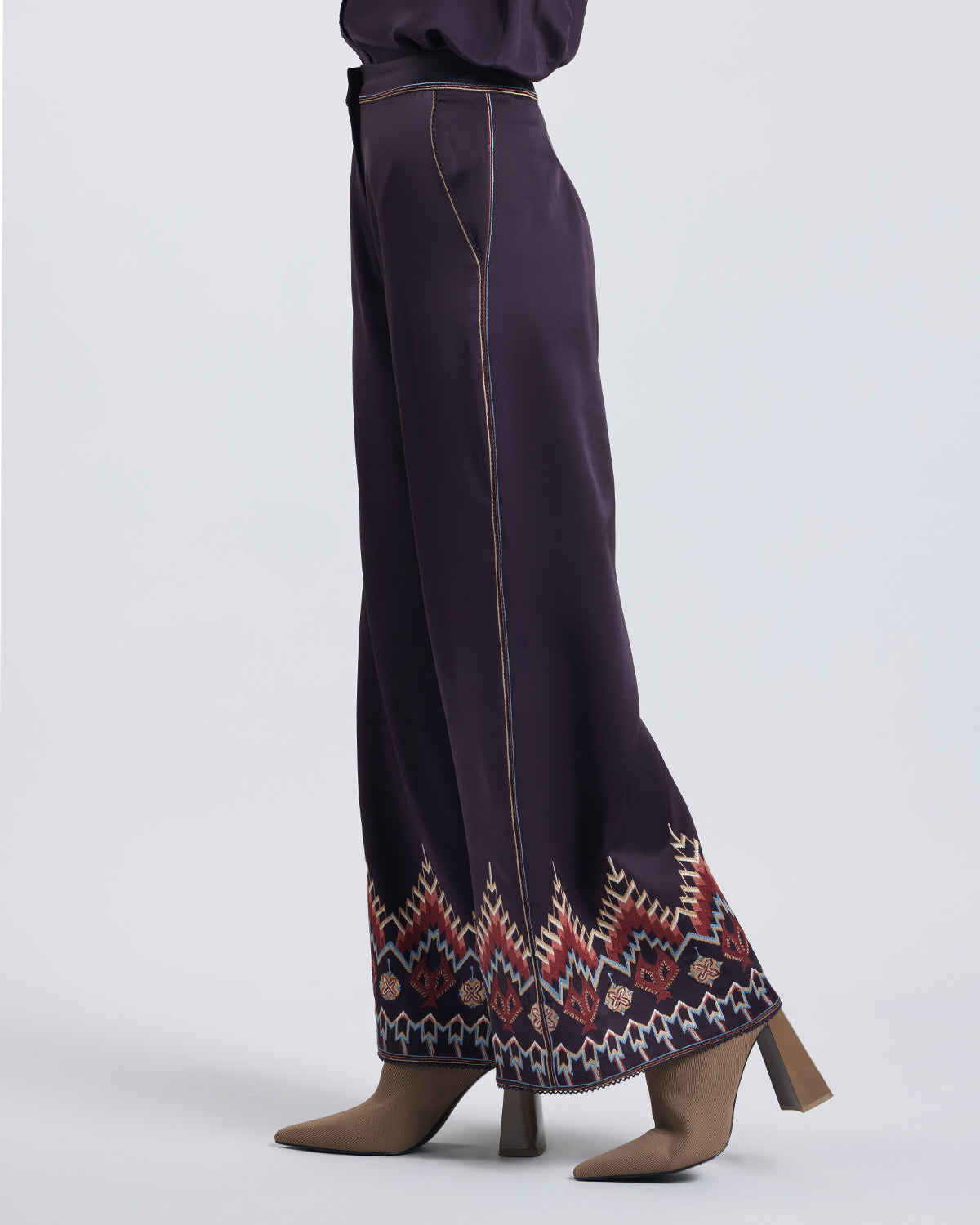 Folk Embroidered Silk Satin Pant