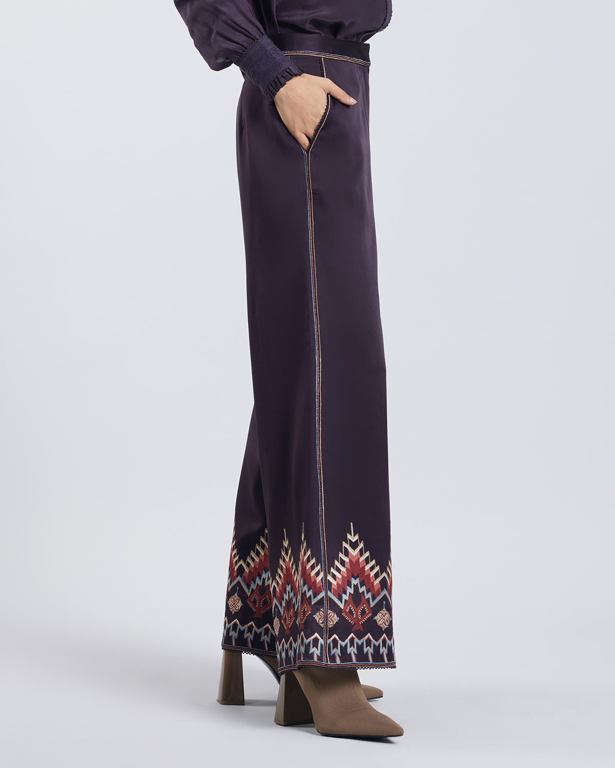 Folk Embroidered Silk Satin Pant
