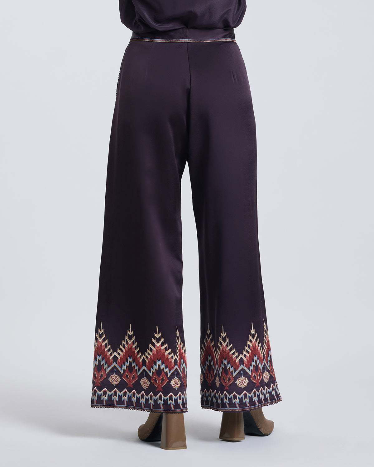 Folk Embroidered Silk Satin Pant