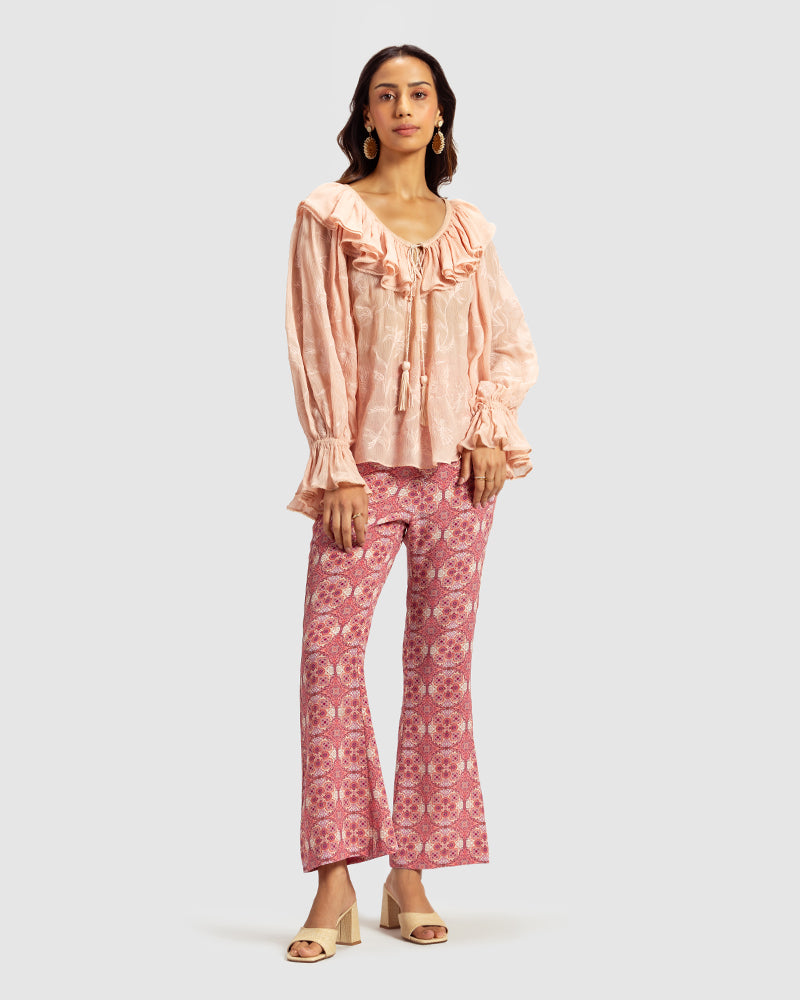 Pink Ruffled Silk Blouse With Dori Embroidery