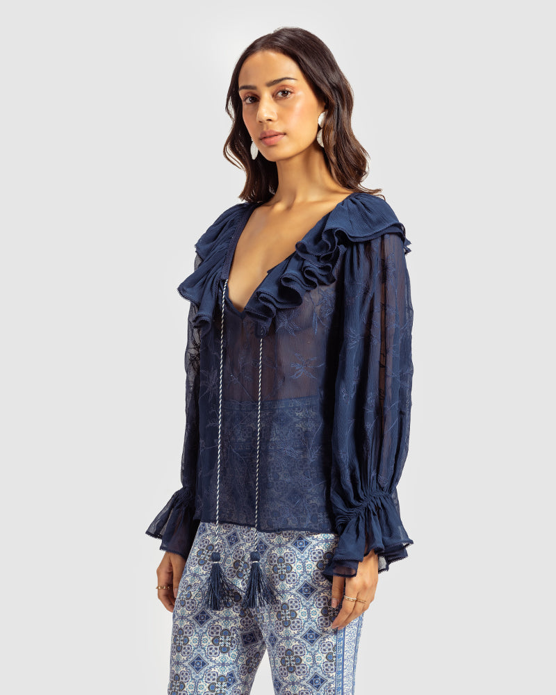 Navy Ruffled Silk Blouse With Dori Embroidery
