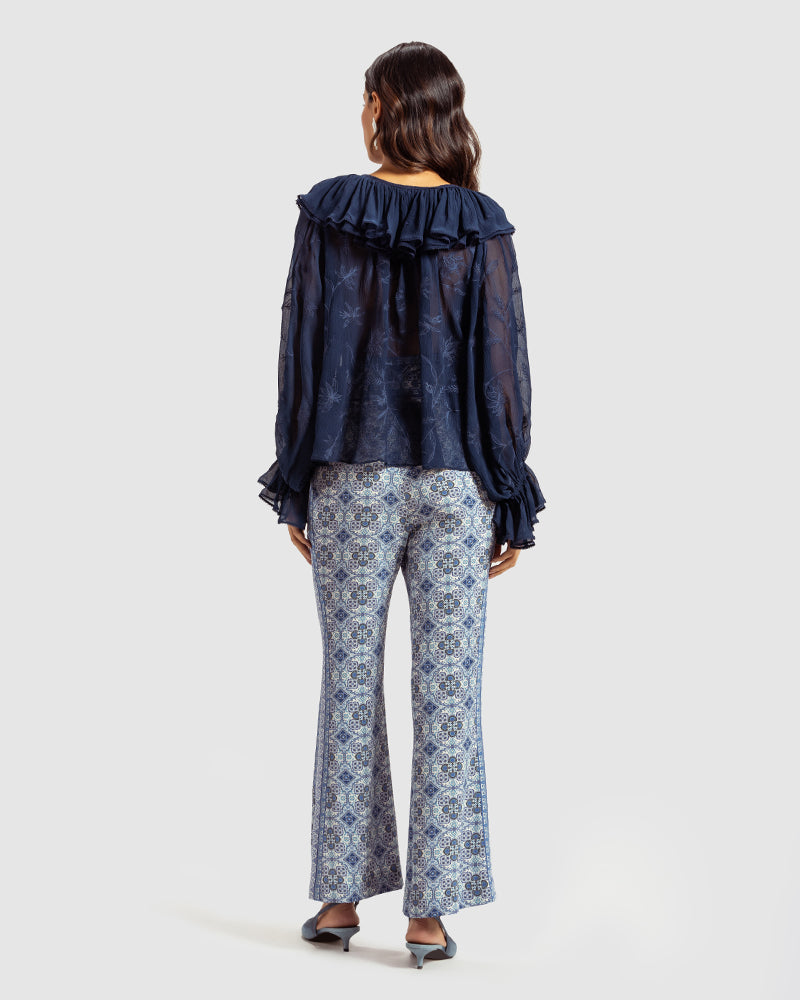 Navy Ruffled Silk Blouse With Dori Embroidery