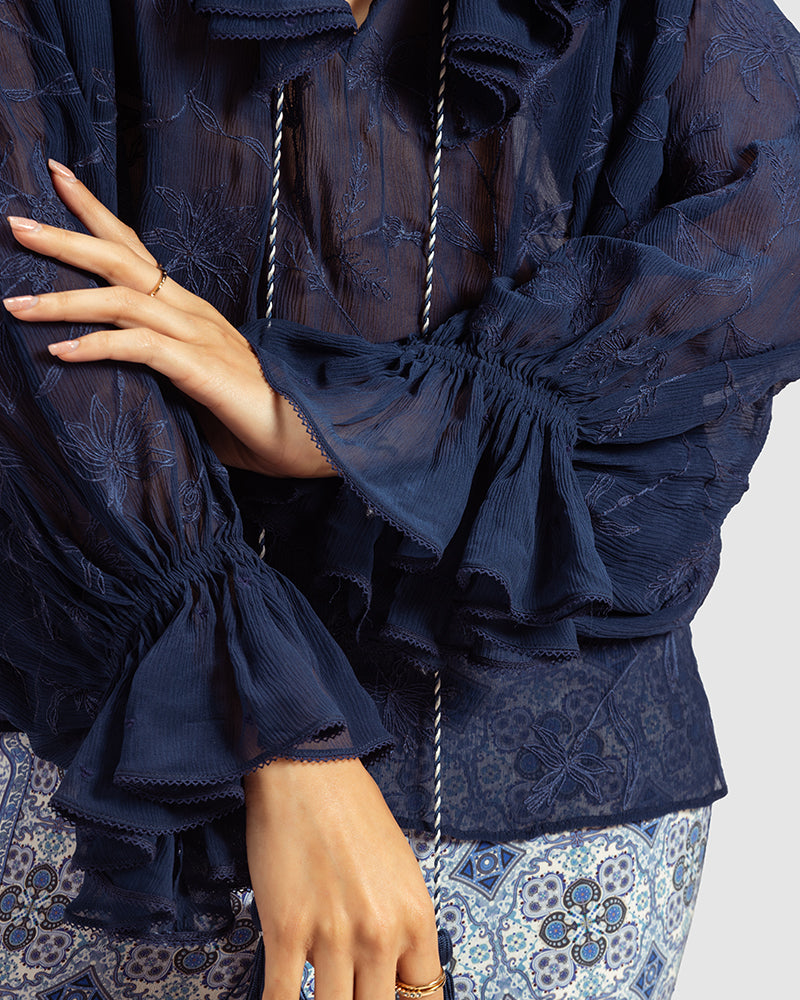 Navy Ruffled Silk Blouse With Dori Embroidery