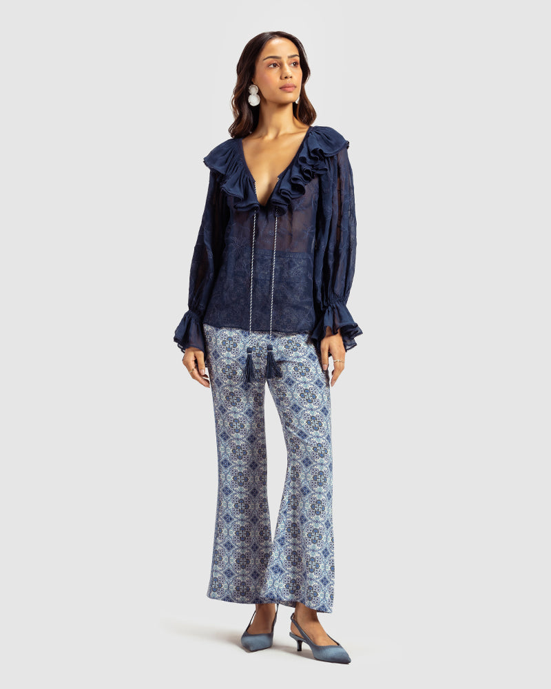 Navy Ruffled Silk Blouse With Dori Embroidery