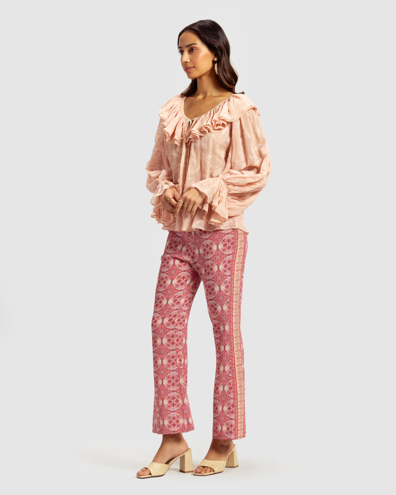 Pink Ruffled Silk Blouse With Dori Embroidery