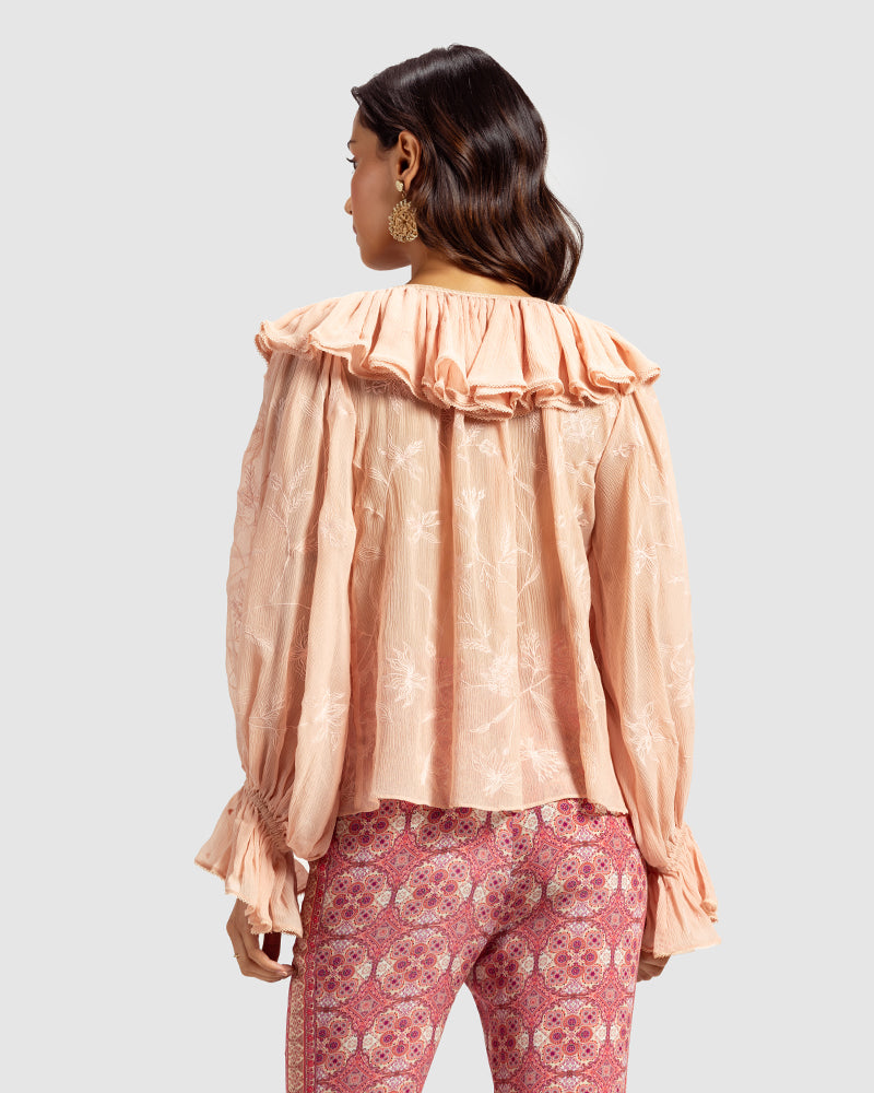 Pink Ruffled Silk Blouse With Dori Embroidery