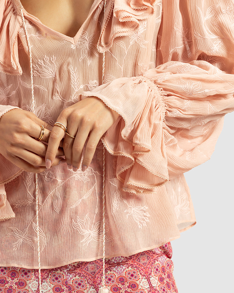 Pink Ruffled Silk Blouse With Dori Embroidery