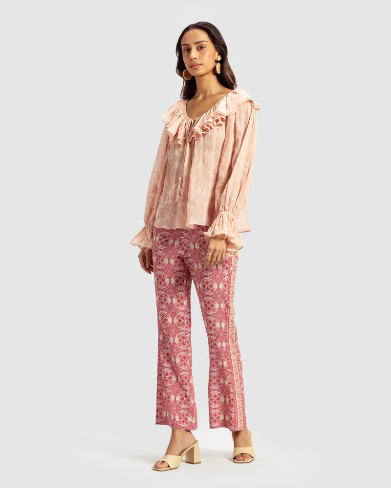 Pink Ruffled Silk Blouse With Dori Embroidery