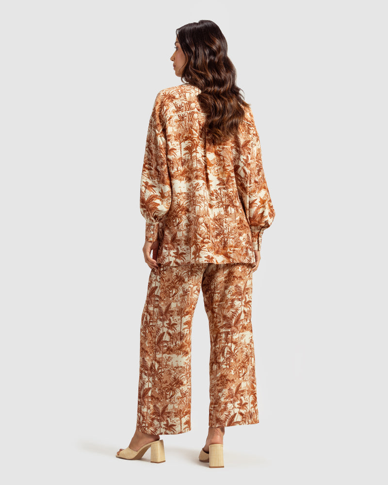 Brown Tropical Print Silk Blouse