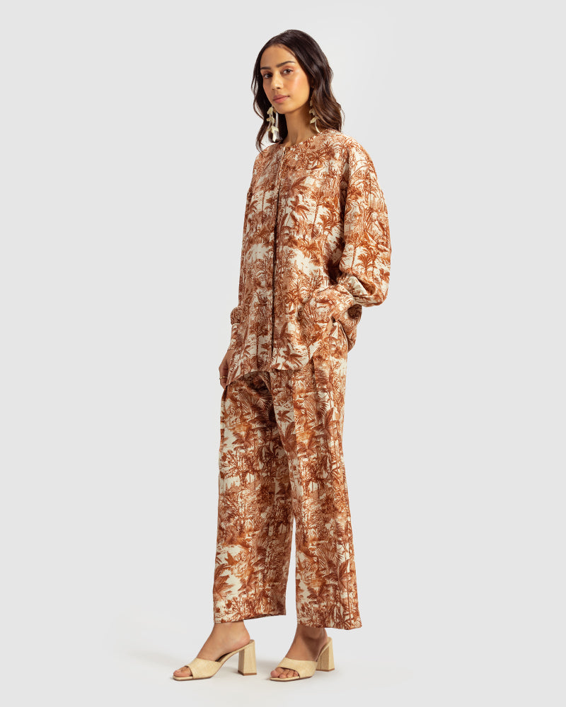 Brown Tropical Print Silk Blouse