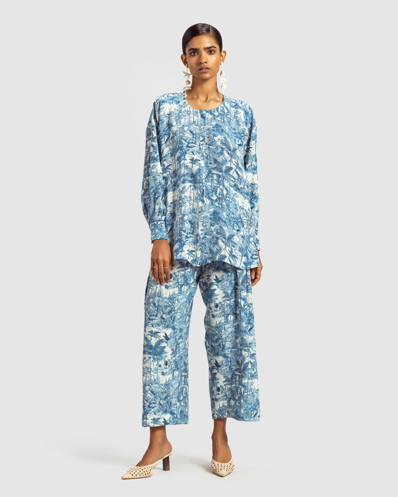 Blue Tropical Print Silk Blouse