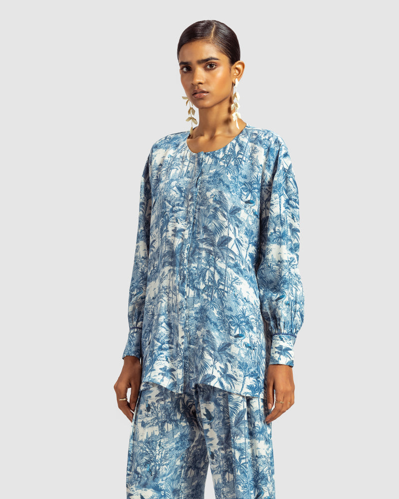 Blue Tropical Print Silk Blouse
