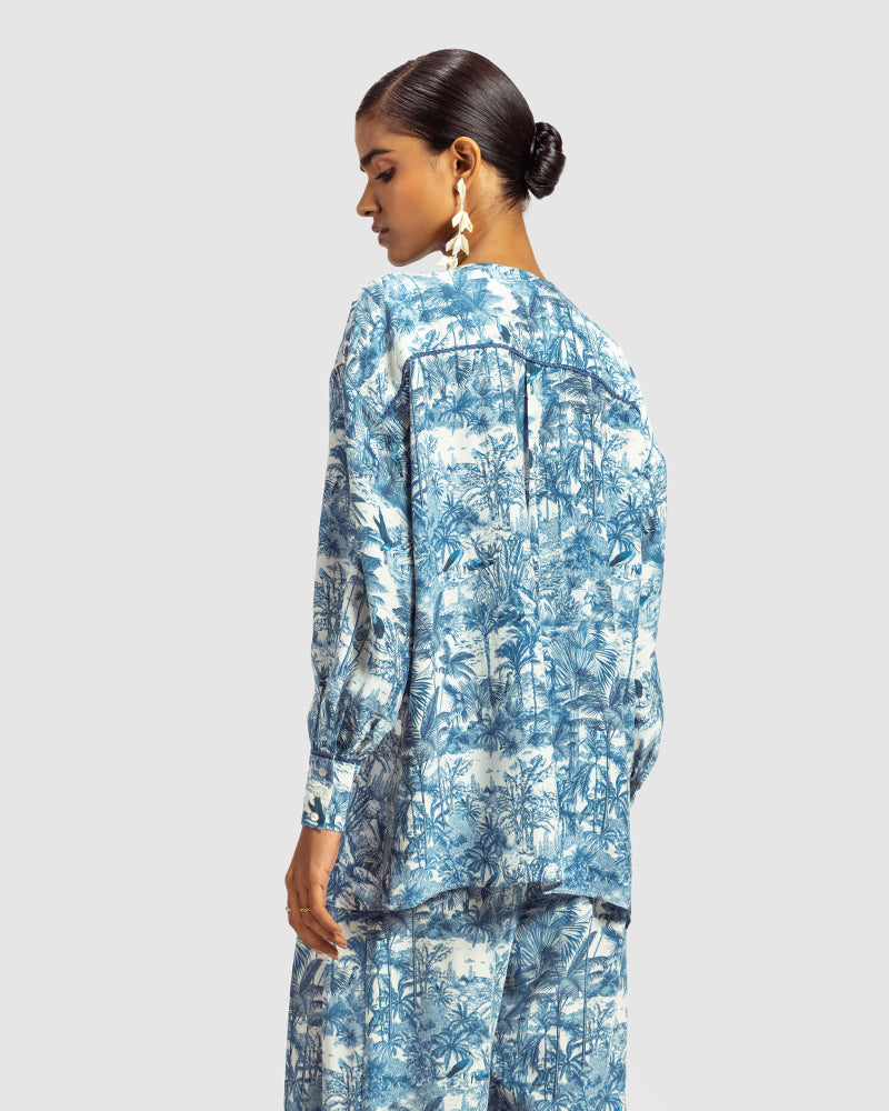 Blue Tropical Print Silk Blouse