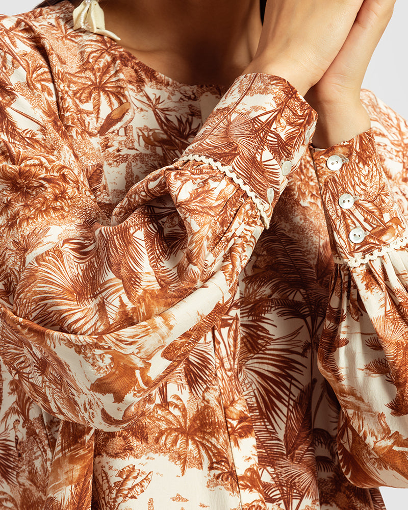 Brown Tropical Print Silk Blouse