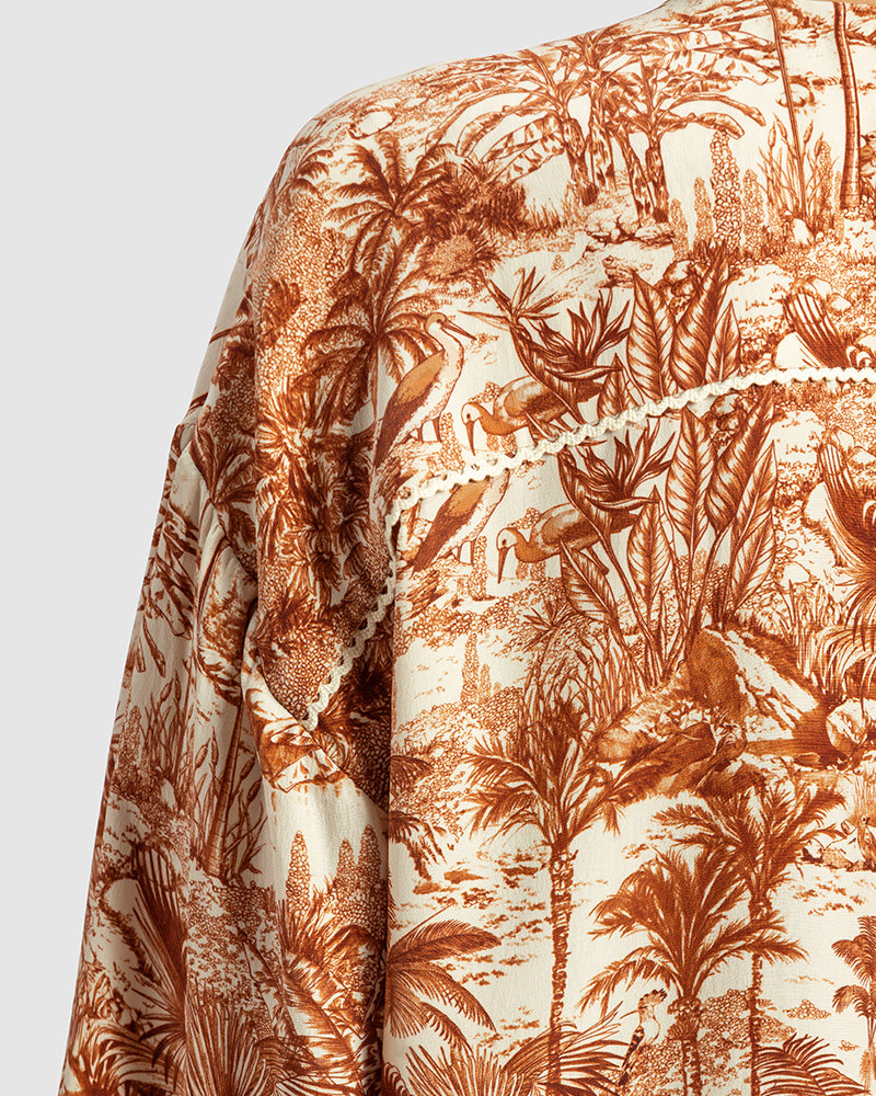 Brown Tropical Print Silk Blouse