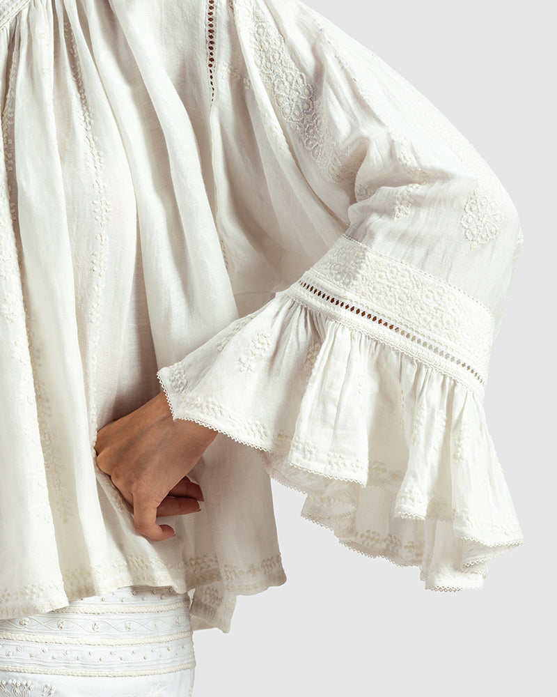 White Embroidered Linen Blend Boho TopProduct DescriptionThis linen blend boho top features an eclectic blend of white-on-white lace and embroidery with Kolam-inspired motifs. Comes in an oversized relaxTopsWhite Embroidered Linen Blend Boho Top