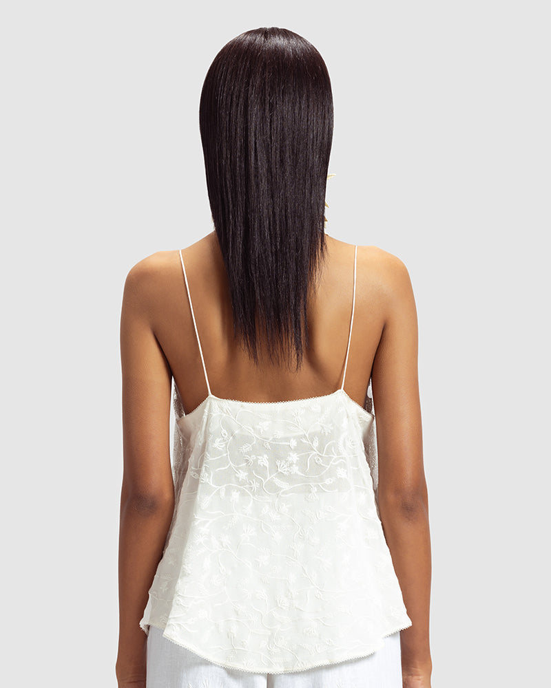 Embroidered Lace Silk Georgette CamisoleProduct DescriptionMade from silk georgette, this relaxed-fit camisole features a blend of lace and embroidery. Also includes a centre-front button closure and cordeTopsEmbroidered Lace Silk Georgette Camisole